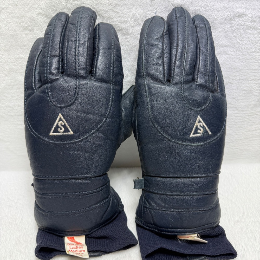 VTG Saranac Navy Blue Leather Winter Gloves Fleece Lined Reinforced Palm USA